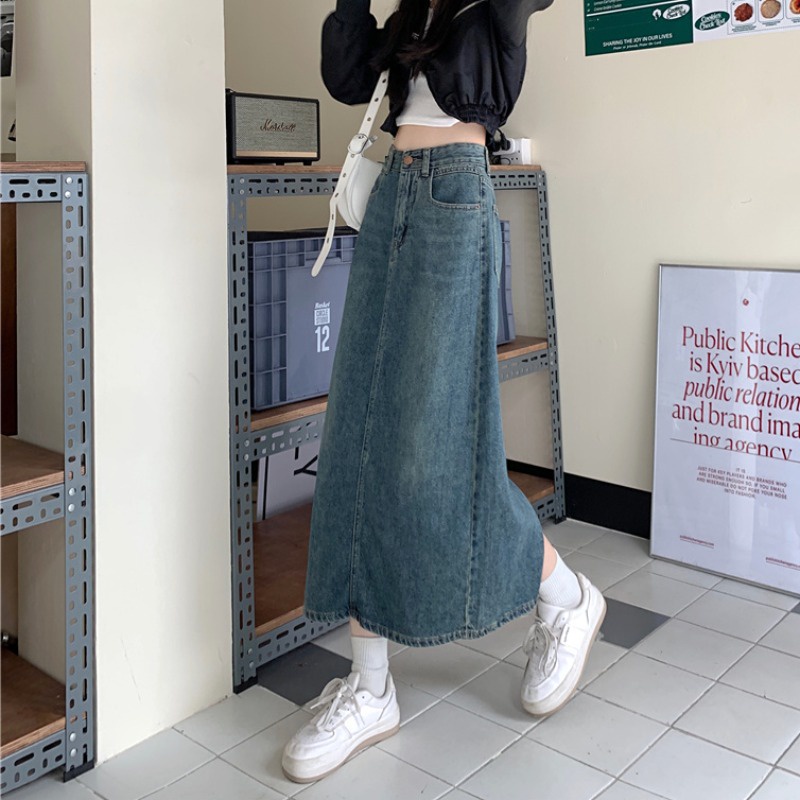 ROK Jeans Wanita Biru Retro / Highwaist Kasual Rok A-line Denim Wanita Korean