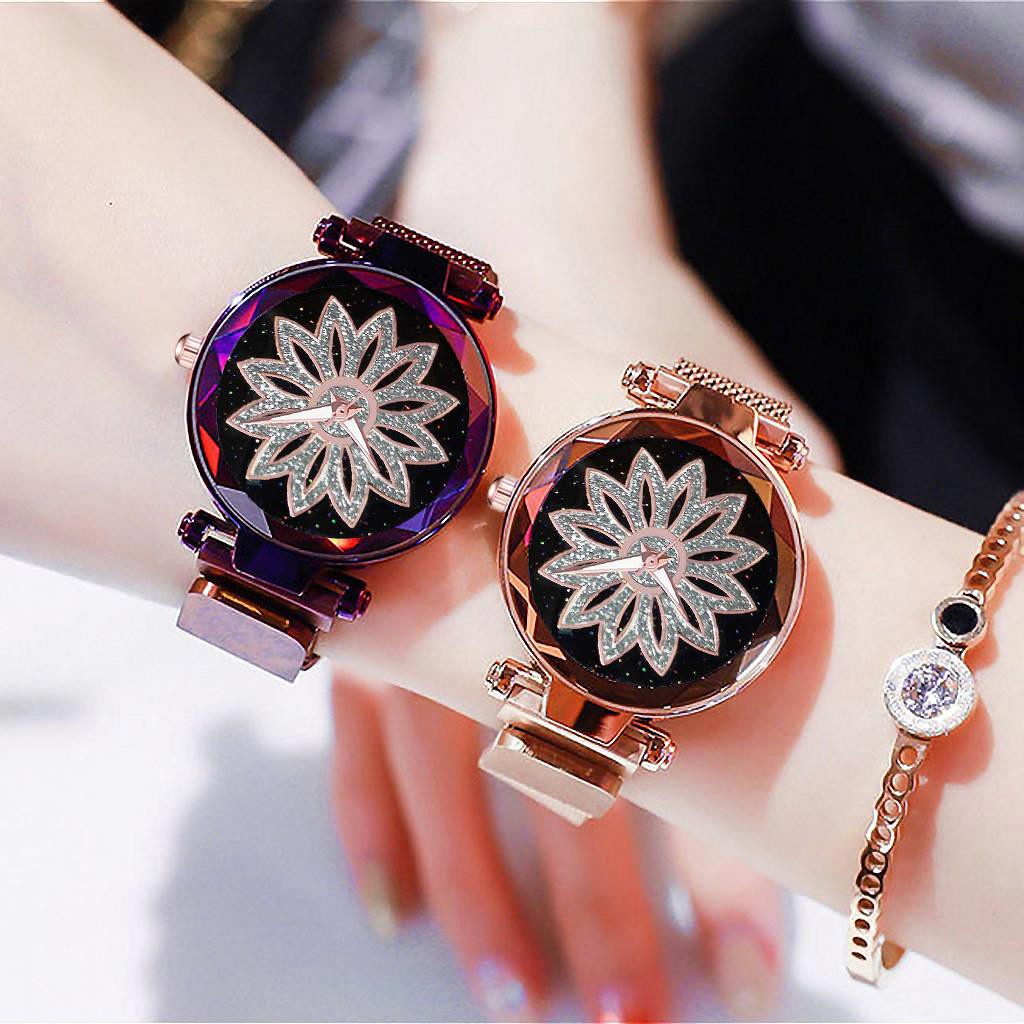 FYGALERY J158 Jam Tangan Perempuan Motif Bunga Glitter Rantai Magnet Woman Flower Watch Fashion Murah