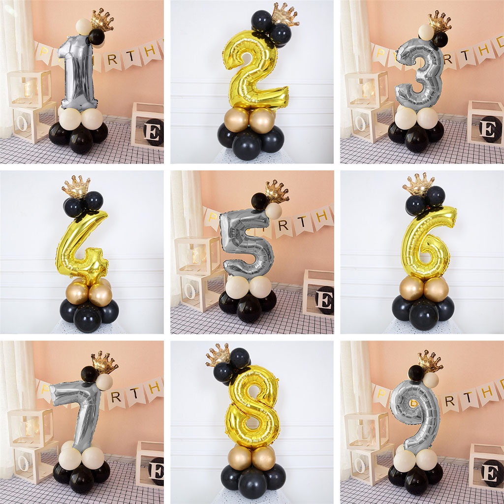 [MINI SET] Balon STANDING ANGKA Jumbo SILVER GOLD 100cm