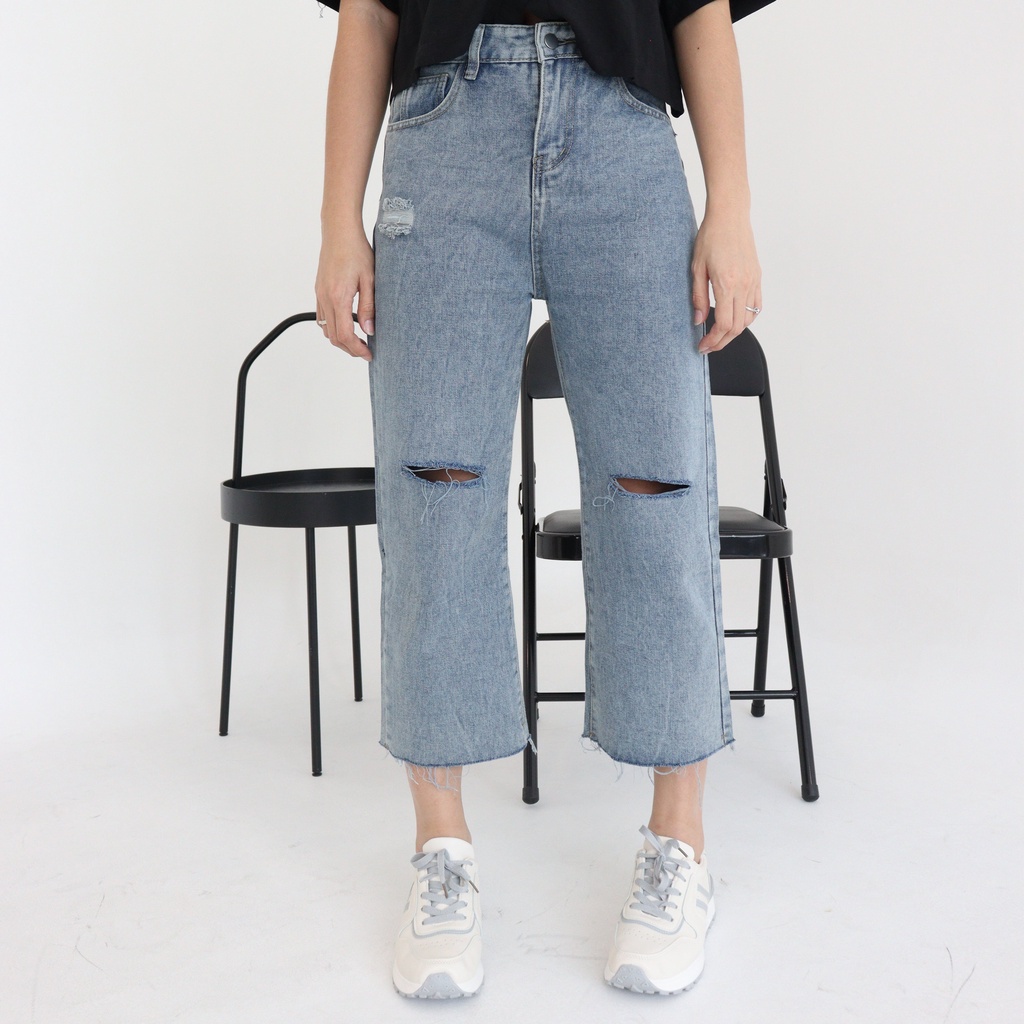 DEMORIN - Celana Panjang Wanita Highwaist Kulot Unfinished Ripped Jeans - X3235