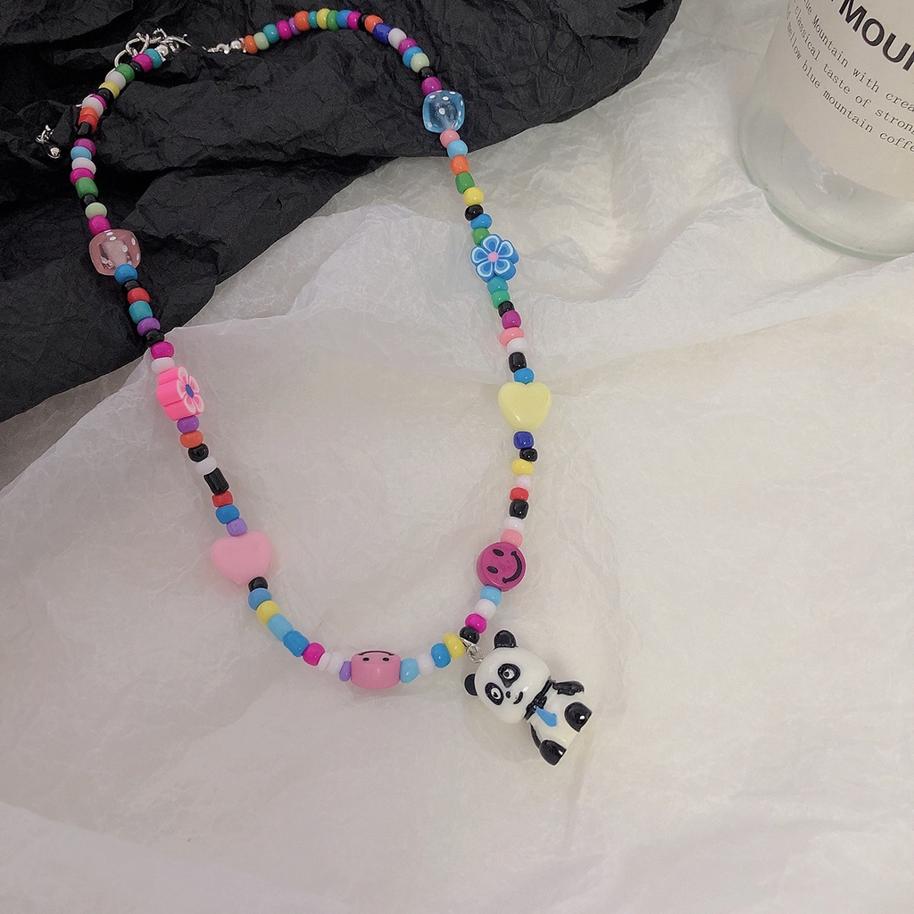 Kalung Liontin Panda Lucu Warna-Warni Smiley Face Love Beads Rantai Klavikula