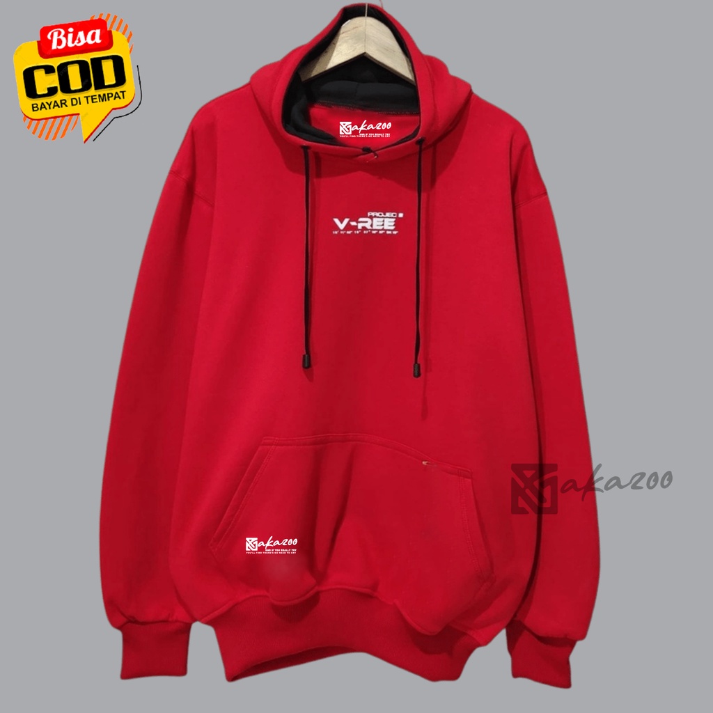 switer distro pria original bandung AKAZOO warna merah projec V_ REE tulisan putih sweater oversize wanita korean style hoodie polos jumbo oversize murah hodie cowok distro simple keren  hoodi pria terbaru 2021 umisex m l xl xxl premium akazoo