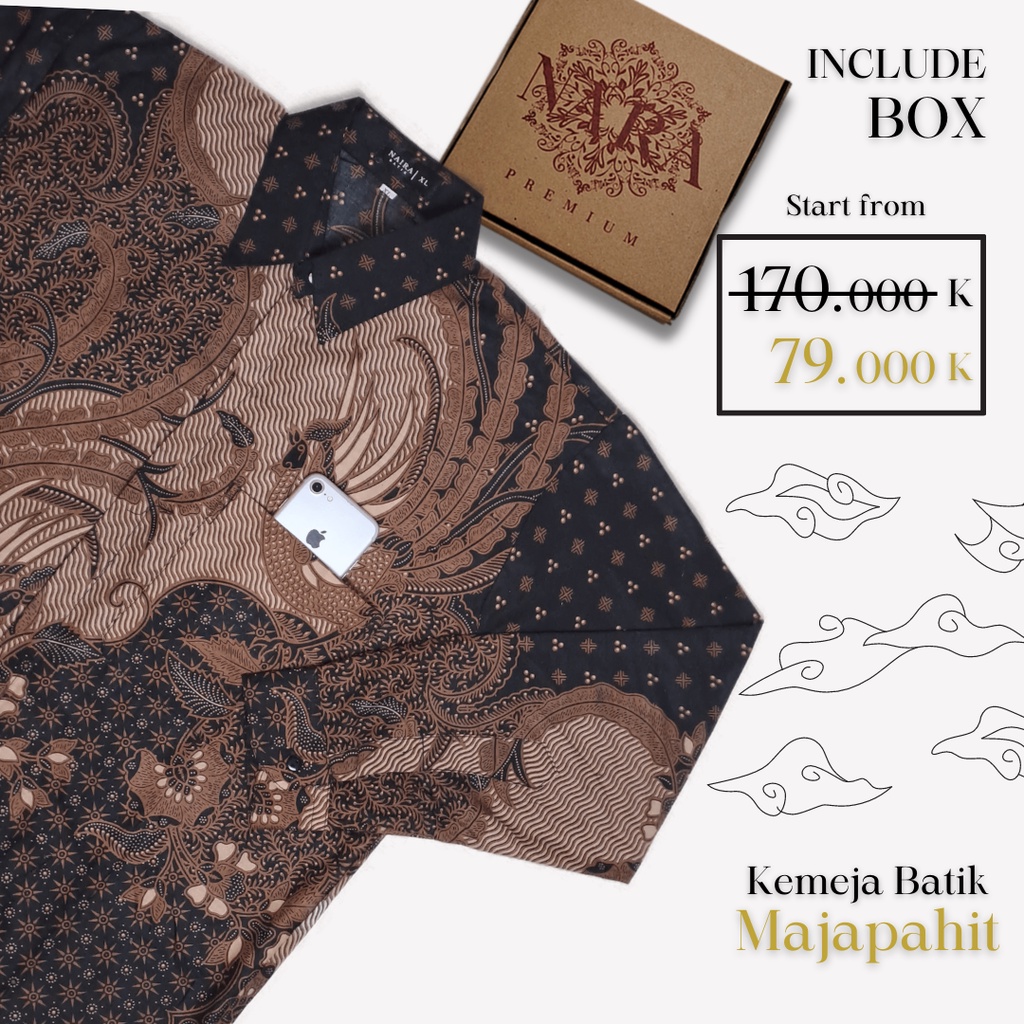 Nara| Kemeja Batik Pria Modern Lengan Panjang FREEBOX SPESIAL  Baju Hem Batik Pria Jogja Hitam Majap