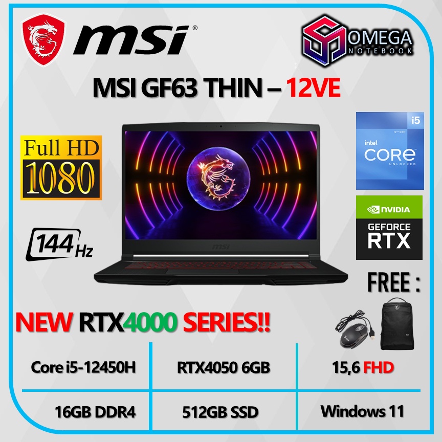 Laptop MSI GF63 Thin 12VE i5 12450H 16GB 512GB RTX4050 6GB 15,6 FHD Windows 11