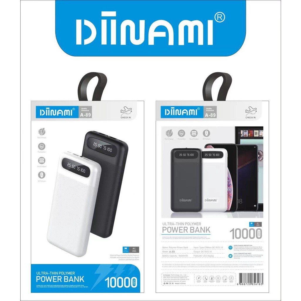 Powerbank Diinami 10000mAh A89 Dual Input Port Type C & Micro USB