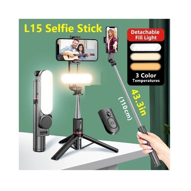 Trend-Tripod Tongsis Bluetooth L15 Shutter Stabilizer Lampu LED