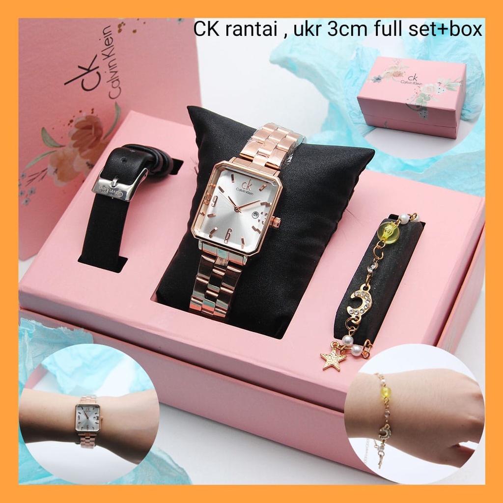 Jam Tangan Fashion Wanita CK1104Lv Tanggal Aktif Tali Rantai Free Kulit, Gelang, Box Original & Bate
