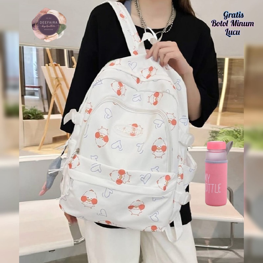 Tas Ransel Sekolah Anak Perempuan Sd Smp Sma Motif Duck Gratis Botol Minum Lucu