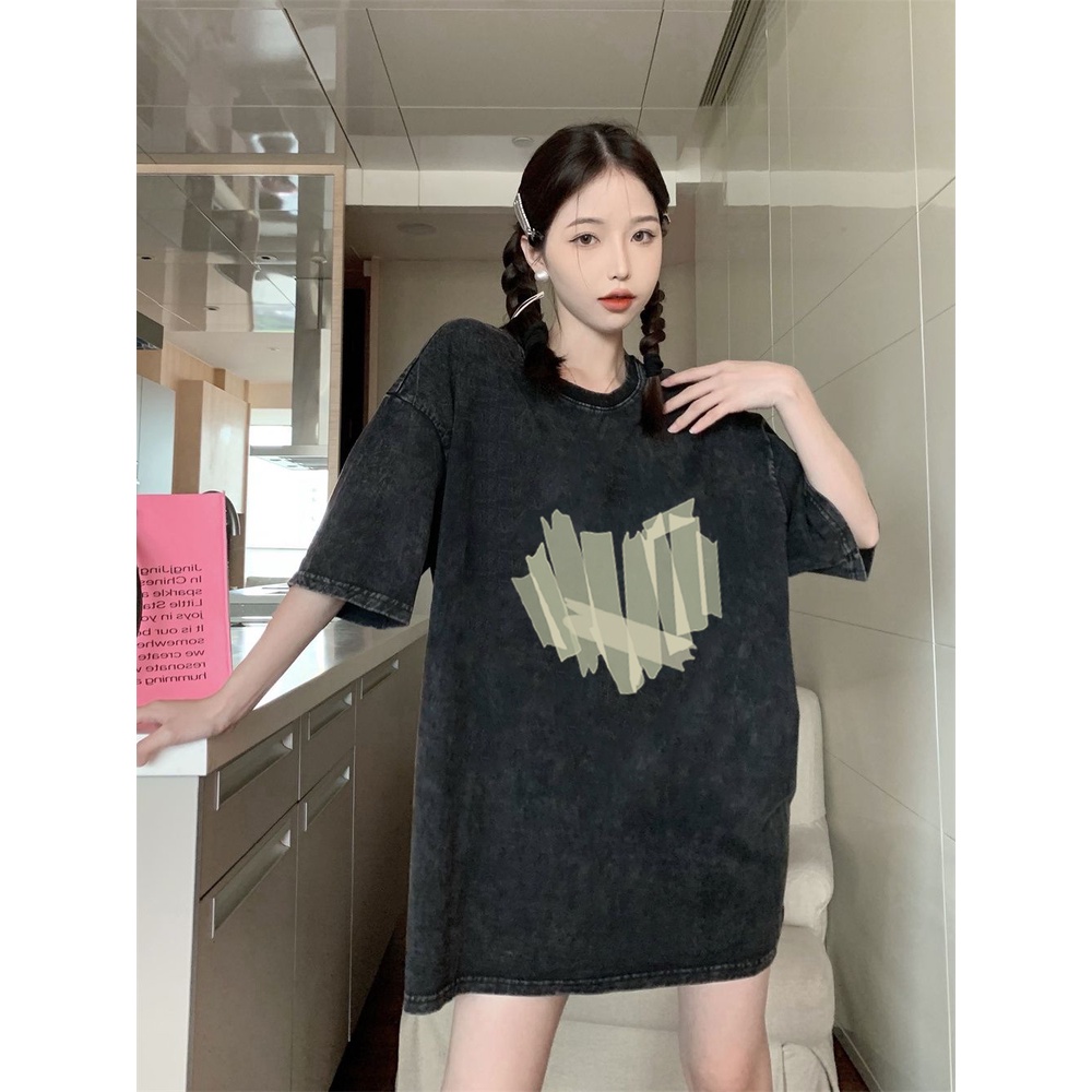 XIAOZHAINV Kaos Atasan Wanita Heart Pattern Lengan Pendek A0306