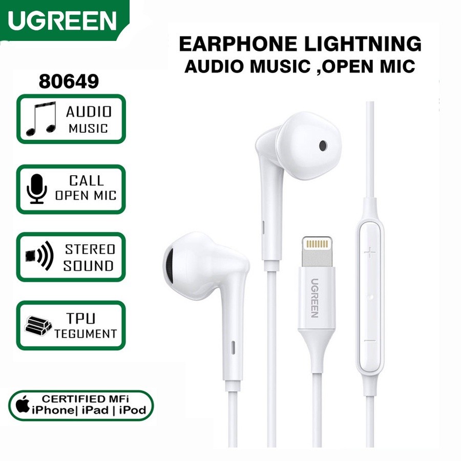 Headset Lightning for Ip MFI UGREEN Handsfree Earphone Stereo Mic Original Putih - 80649