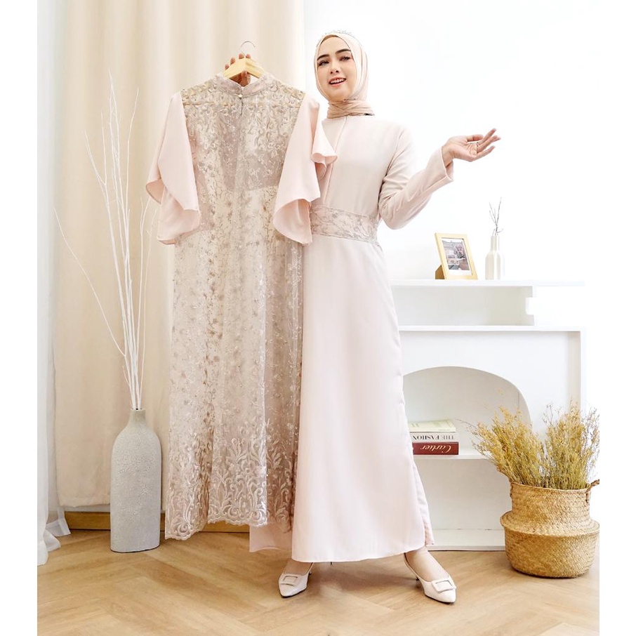 (Pasti Realpict) 2IN1 GEORGINA DRESS INNER + OUTER BRUKAT TILLE PREMIUM / FREE BELT / SET GAMIS MAXI DRESS KONDANGAN