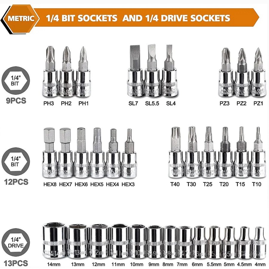 COD Kunci SOK 46 PC Set Socket (1/4 &quot;) Full Lengkap Socket Tool Kit Pas Ring L Motor Mobil