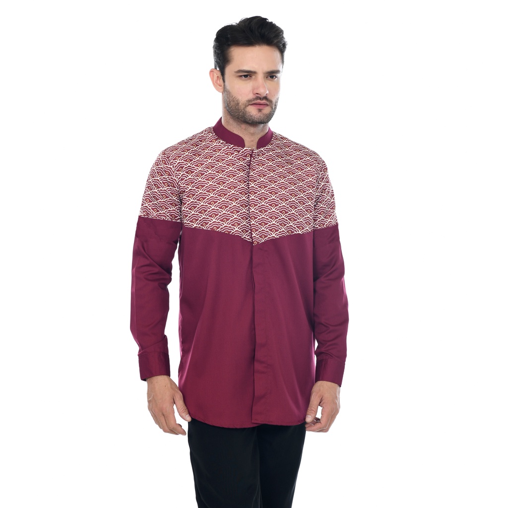 Baju Koko Lengan Panjang Kombinasi Batik Motif Megamendung Tersedia Warna Mint Navi Maroon Putih Bahan Toyobo Brand Dalah