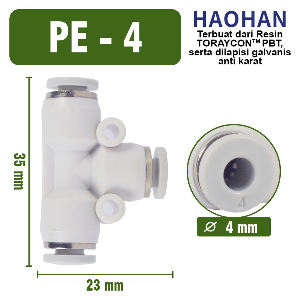 PE T connector Push In Fitting Konektor Slip Lock aeroponik Pneumatic Fitting 3 Arah Cabang T