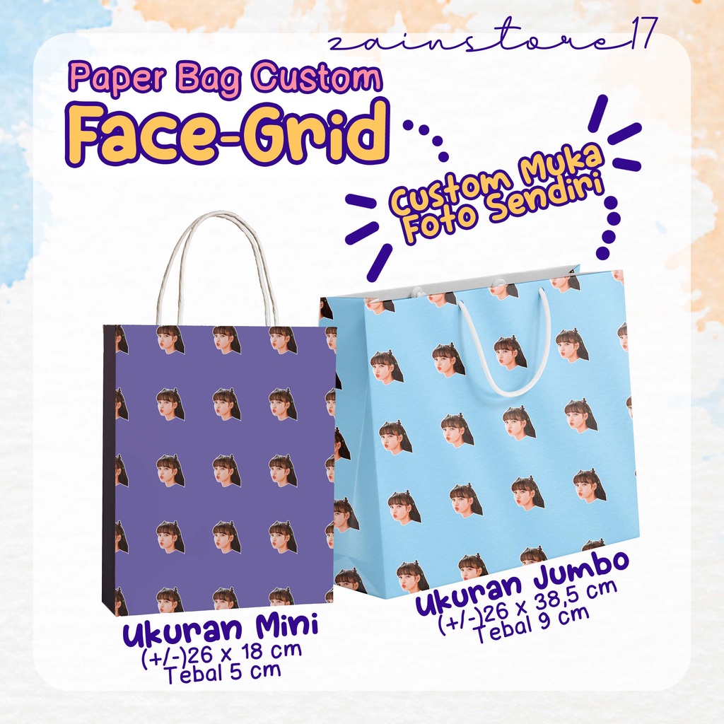 

Hasil Glossy - PAPER BAG / GIFT BAG / BUNGKUS KADO / TAS KADO CUSTOM - Wajah Foto / Face Grid / Custom Muka Foto Sendiri - Ukuran JUMBO dan MINI