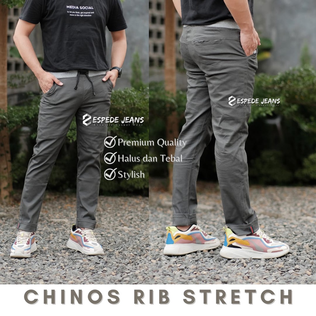 Celana Chino Panjang Pinggang Karet Kain twill Combed Premium