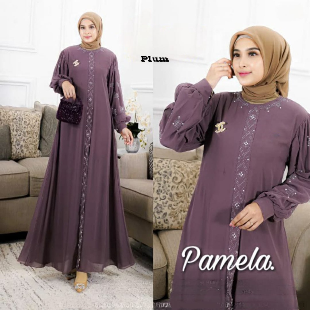 Pamela Dress Wanita Fashion Muslim Busui Zipper depan Bahan Ceruty Babydoll Full puring Motif Swaroski Mewah Elegan Kekinian - Baju Pakaian Perempuan Dewasa Jumbo LD 110 Kondangan Baju Lebaran Hari Raya