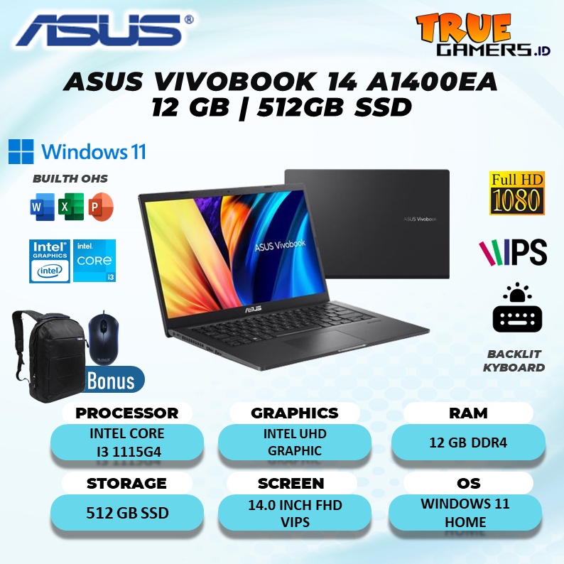 LAPTOP ASUS VIVOBOOK 14 A1400EA  I3 1115G4 12GB 512SSD W11FREE OFFICE 14.0FHD