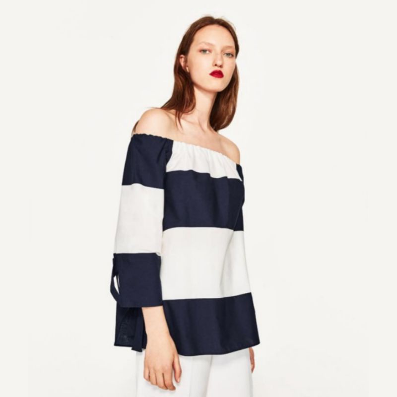 ZARA Sabrina Navy-White Striped Off Shoulder Thrift Preloved Second Baju Top Atasan SALE