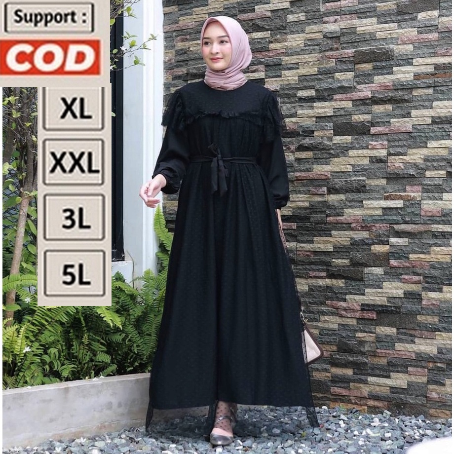 Gamis Lebaran Ibu / Emak Jumbo Modis Simpel Warna Hitam Polos Mewah Elegan 2XL 3XL 4Xl XXL XXXL 5L L