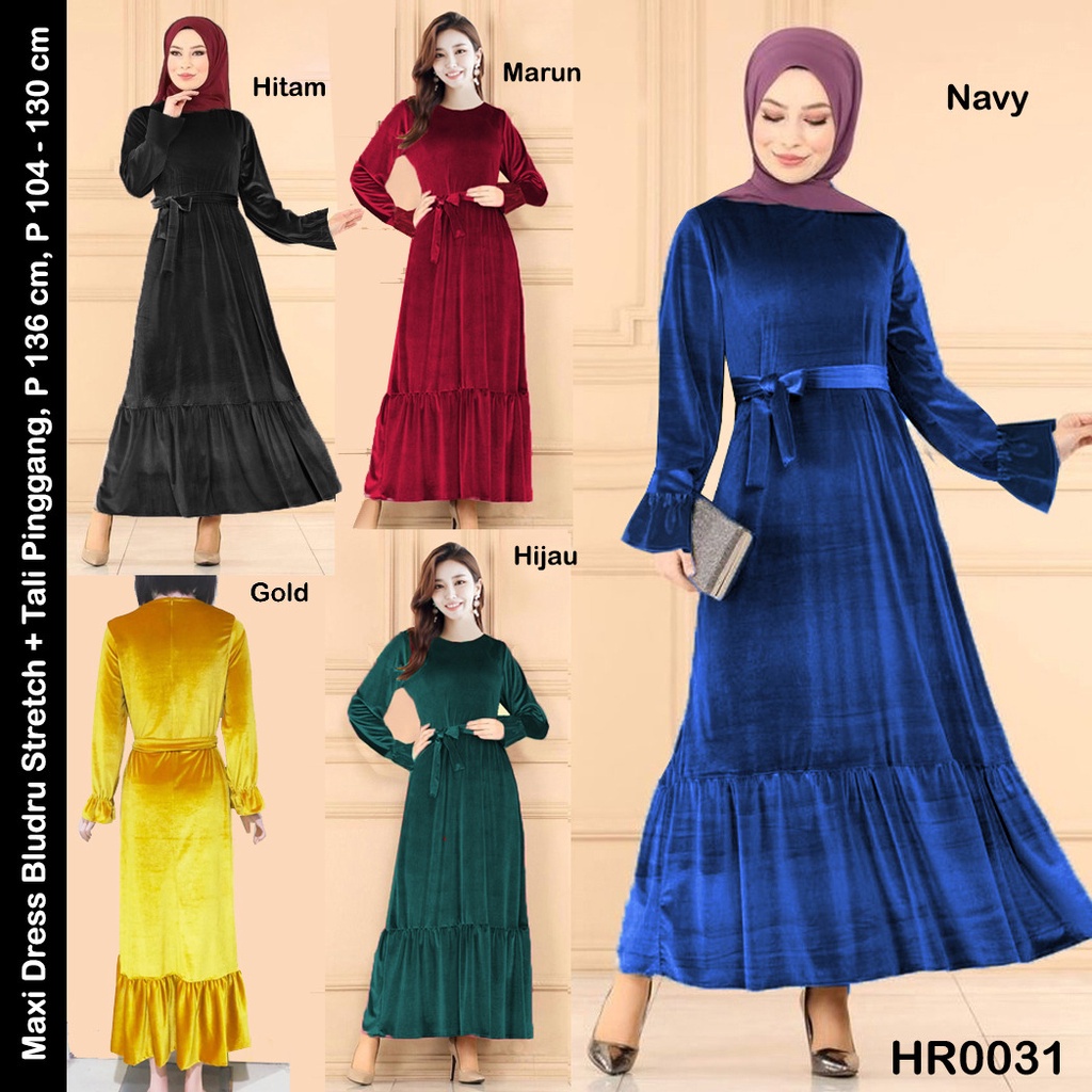 HR0031 Maxi Dress Bludru Stretch + Tali Pinggang / Gamis Bludru / Gamis Velvet / Longdress Bludru / Dress Panjang