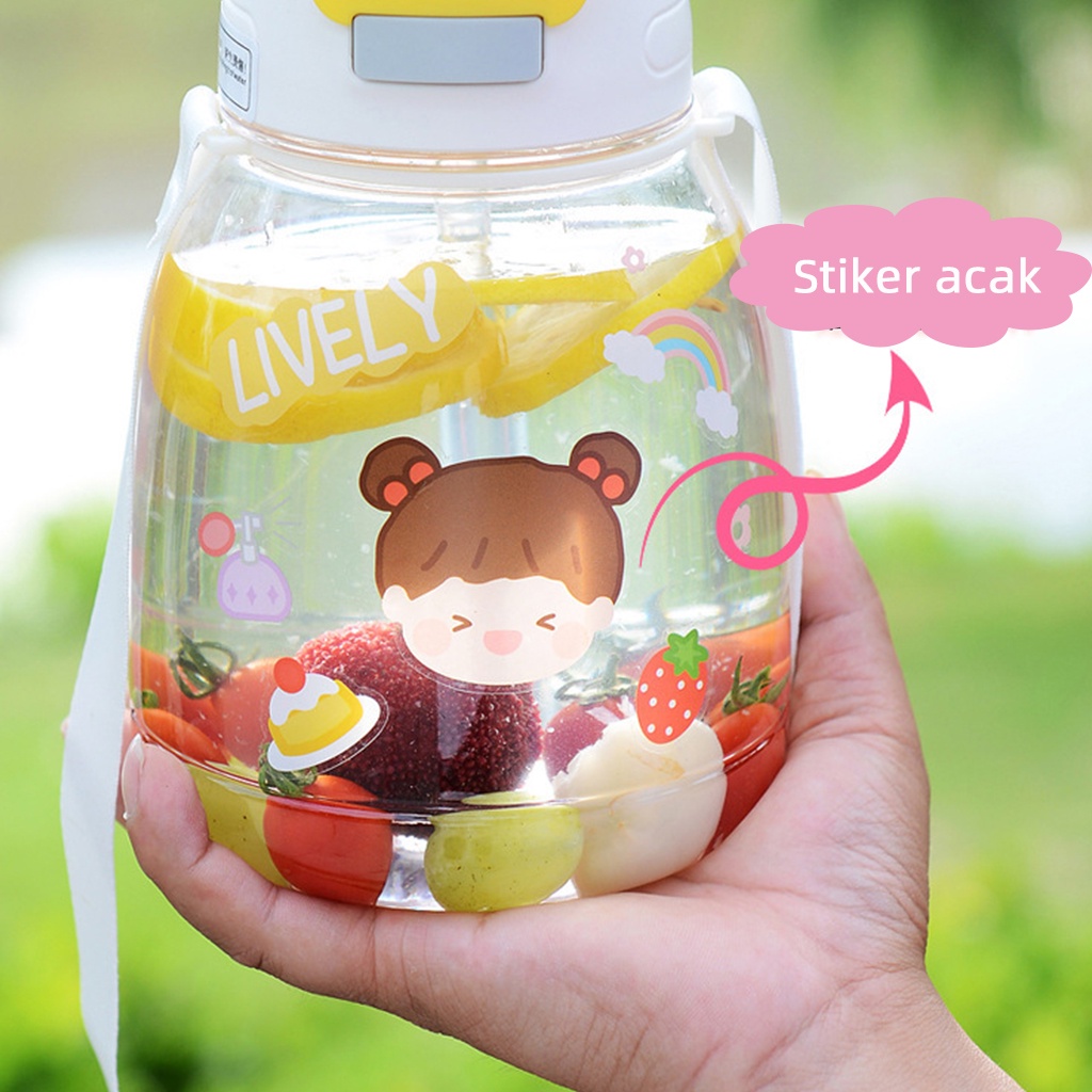 1100/1300ML Botol Minum motivasi gratis stiker botol air minum anak plastik lucu cangkir kartun portabel stiker Big Belly Bottle