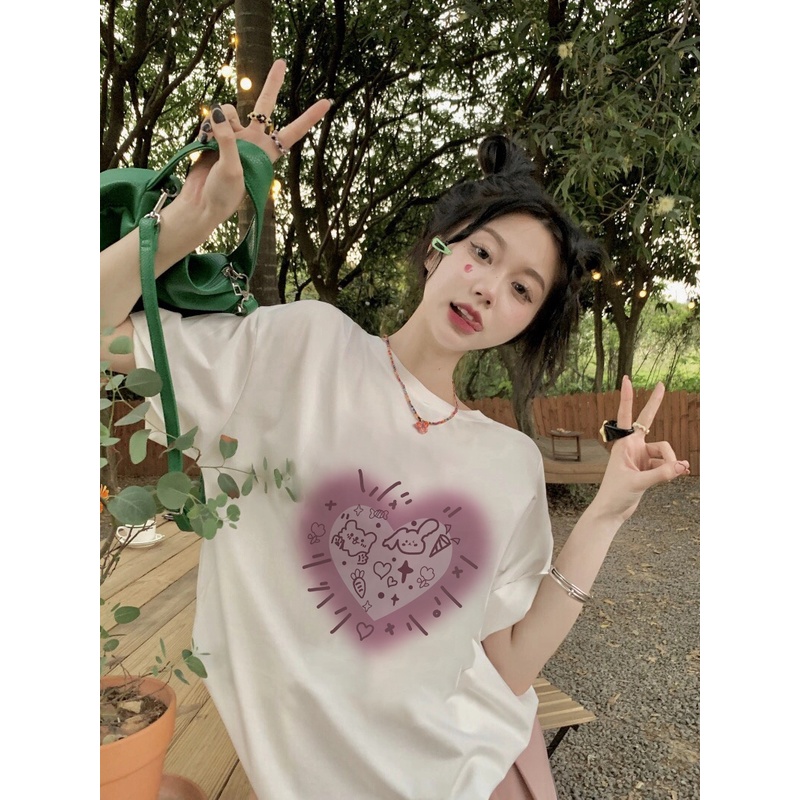 EUNII T-shirt Lengan Pendek Cartoon Pink Doll  Korean Style/Kaos Atasan Wanita/Baju Kaus Oversize Wanita/Kaos Wanita