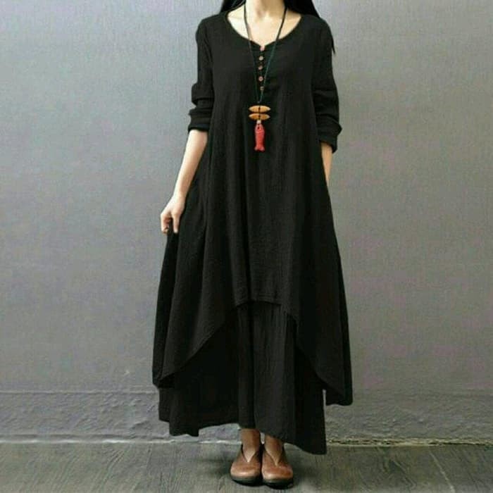 VISGEL MAXI Dress Panjang Kaftan Gamis Modern Bahan Rayon Adem - Hitam (F3A7) Best Seller Promo Hari