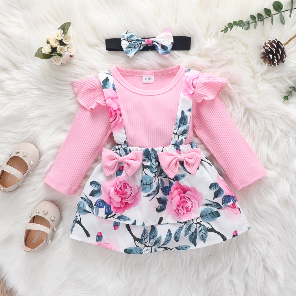 Set Dress Jumper Bayi Perempuan / Set Baju Bayi Baru Lahir / Dress Jumper Bandana Bayi Cewek / Flowers Jumper Baby / Baju Bayi Perempuan Lucu Impor Halus / Gaun Dress Newborn Cewek