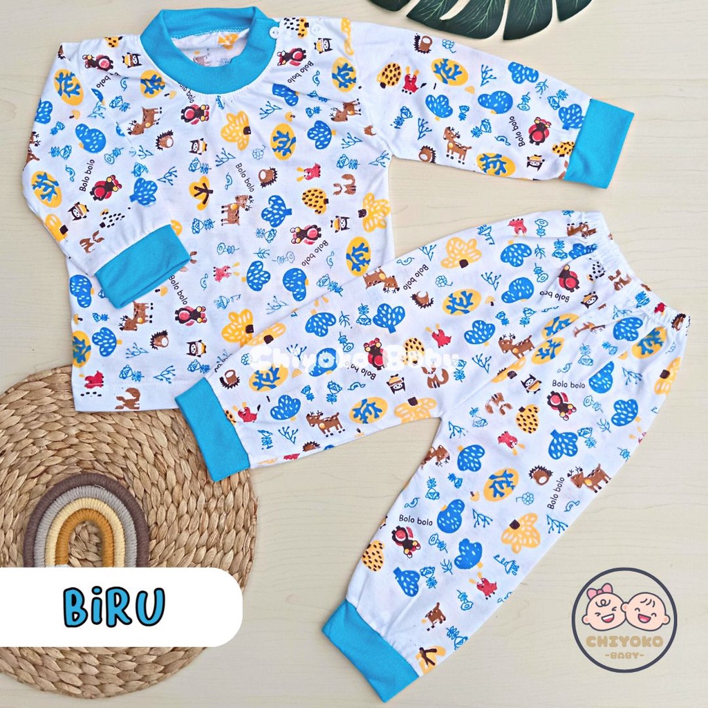 Setelan Baju Bayi Setelan Piyama Bayi Lengan Panjang Kancing Pundak Usia 3-12 Bulan Motif Animal Dan Pohon