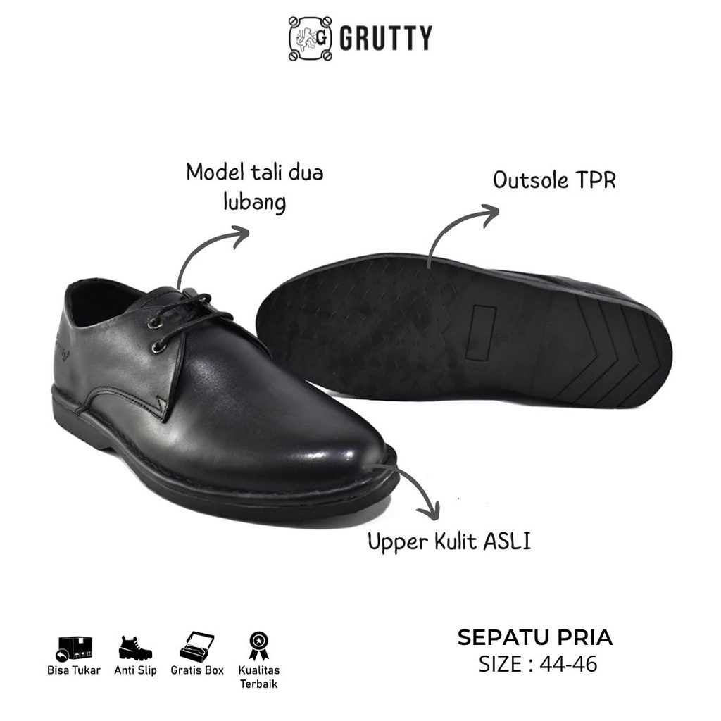 Grutty Sepatu Pria Big Size Pantofel Model Tali Kulit Asli Formal Kasual Hitam DC017