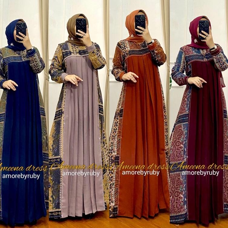 NEW STOCK AMEENA DRESS AMORE BY RUBY GAMIS MOTIF BUNGA KONDANGAN ALLSIZE