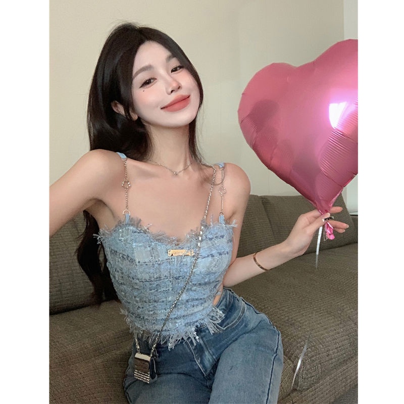 Red Rompi suspender rumbai biru wanita musim panas manis hot gadis pakaian luar desain rasa keinginan murni chic pakaian dalam atasan pendek