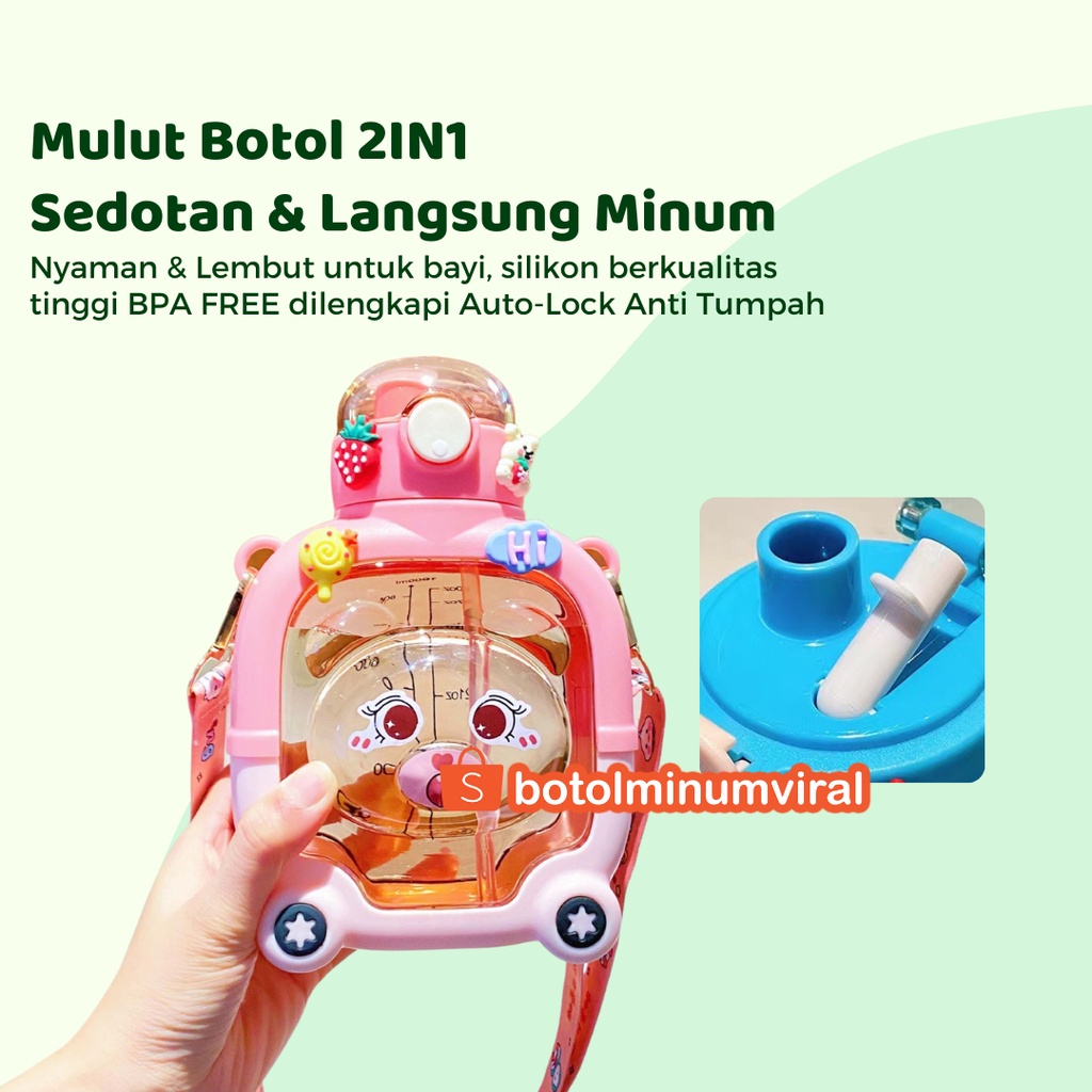 Botol Minum Viral Anak Free Sticker 2D 3D Karakter Sedotan Tali Lucu