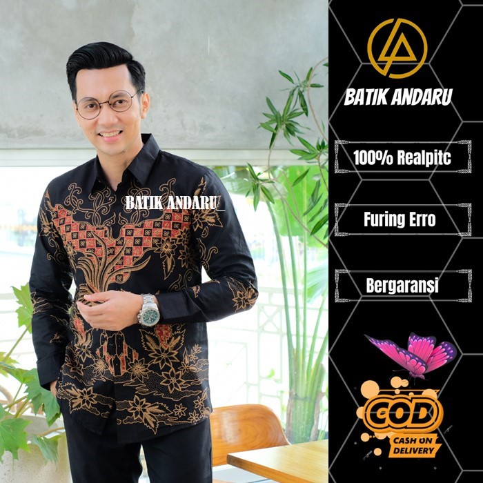 Kemeja Batik Pria Slim Fit Lengan Panjang Heem Premium Warna Hitam Kombinasi Merah Maron