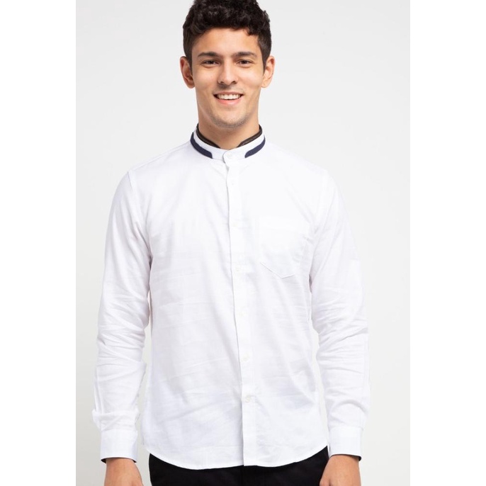 BISA COD MOC TACHER-WHITE Kemeja Pria Lengan Panjang Slim Fit /BAJU KOKO PRIA/BAJU KOKO DEWASA/BAJU 