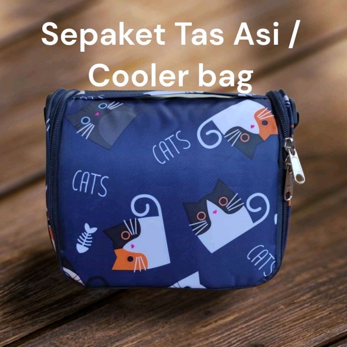 SEPAKET cooler bag tas asi ( tas + botol kaca asi 100ml + ice gel pack 500ml+ tali slempang tas)