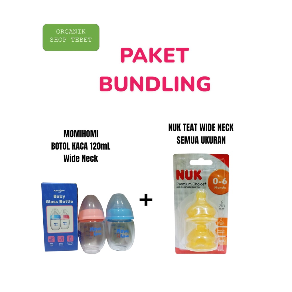 Paket Bundling - NUK Wide Neck Anti Colic Latex + MomiHomi Glass Bottle Wide Neck(Pink/Biru) - 120mL