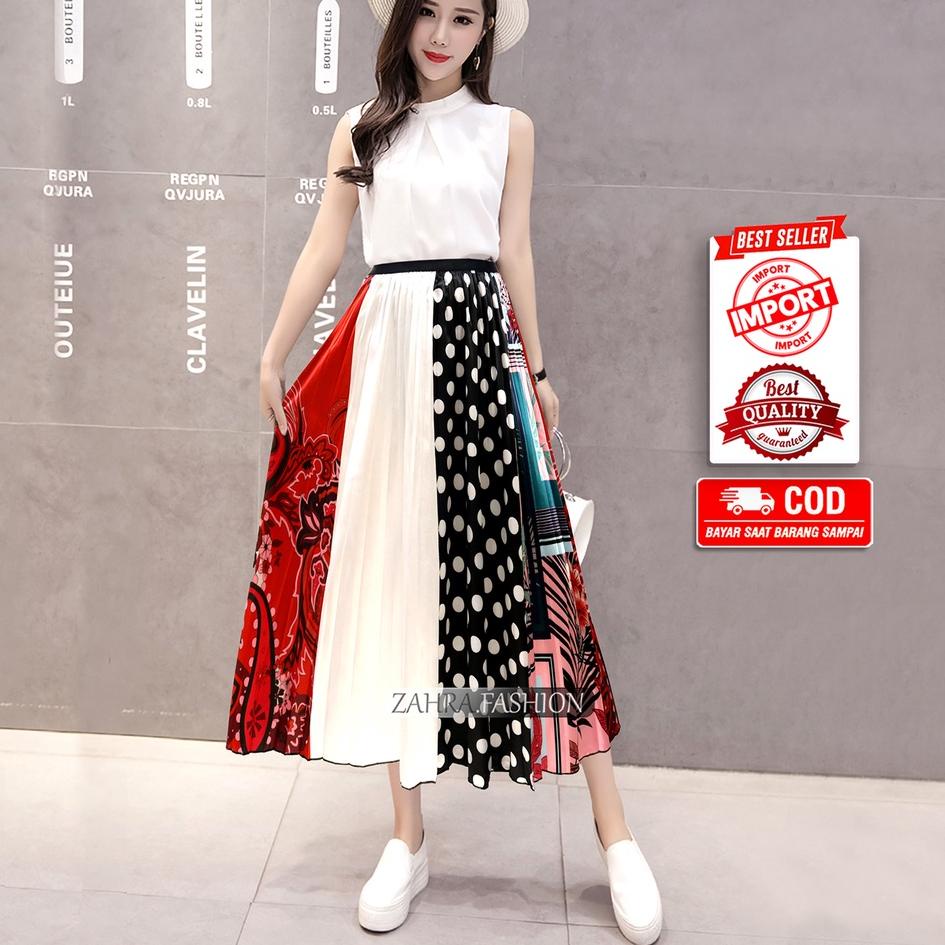 ۝ Rok Plisket Motif Polkadot Satin Premium Import murah 7/8 style korea terbaru | 321-3 | Rok Priske