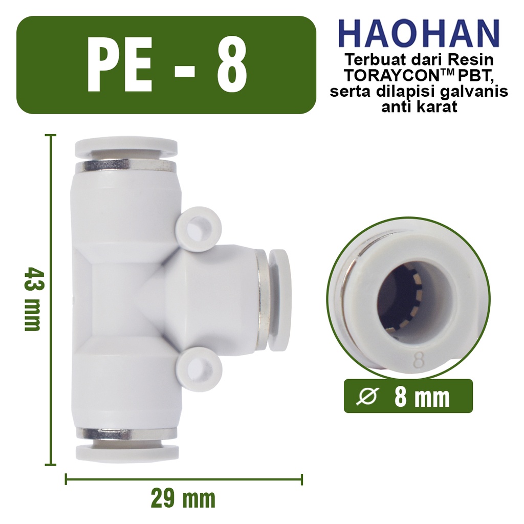 PE T connector Push In Fitting Konektor Slip Lock aeroponik Pneumatic Fitting 3 Arah Cabang T