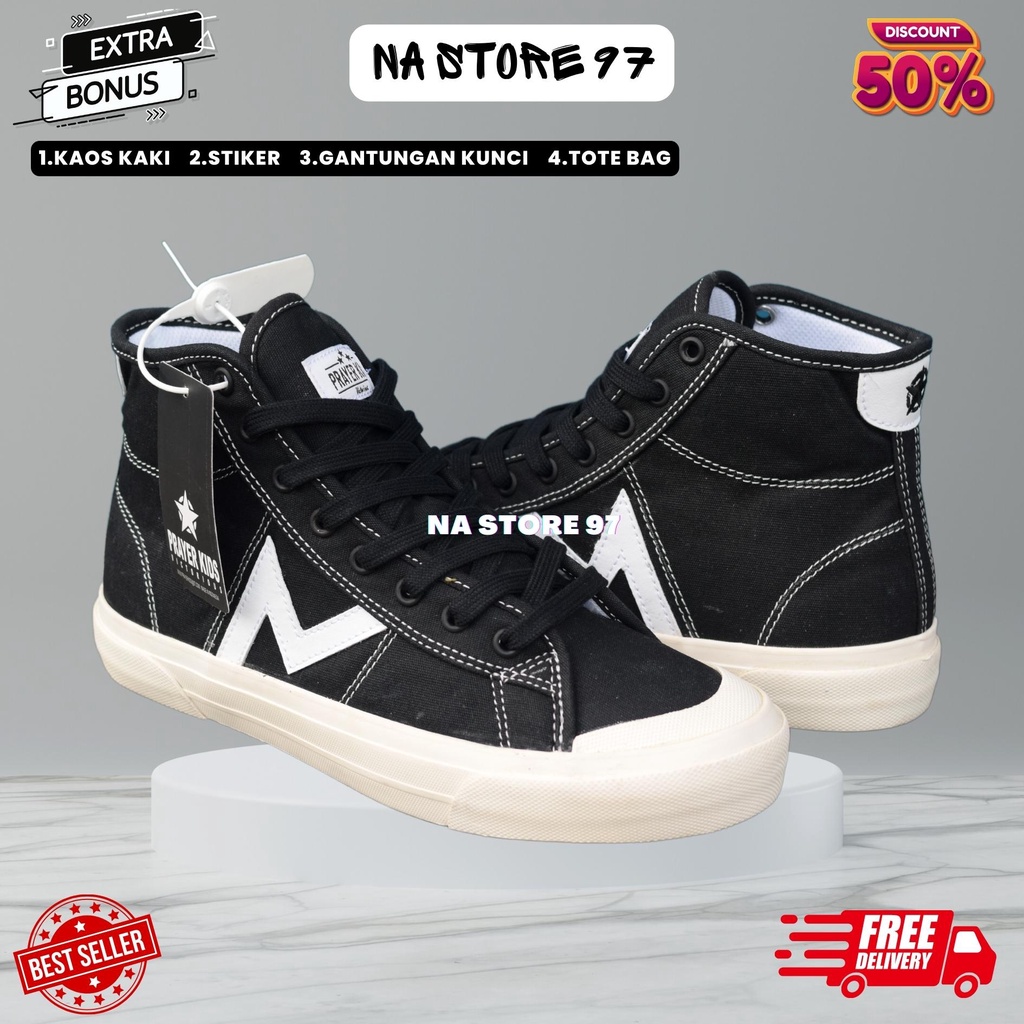 PRAYERKIDS KECOT 2 HIGH BLACK WHITE SNEAKERS KASUAL PRIA WANITA