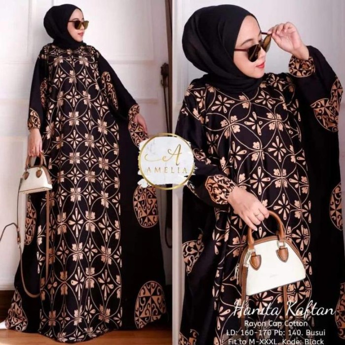 Jumbo - Kaftan Gamis Muslim Wanita Jumbo Syar'I Motif Batik Terbaru - Hanita hitam, JUMBO (Y0M2) Mew