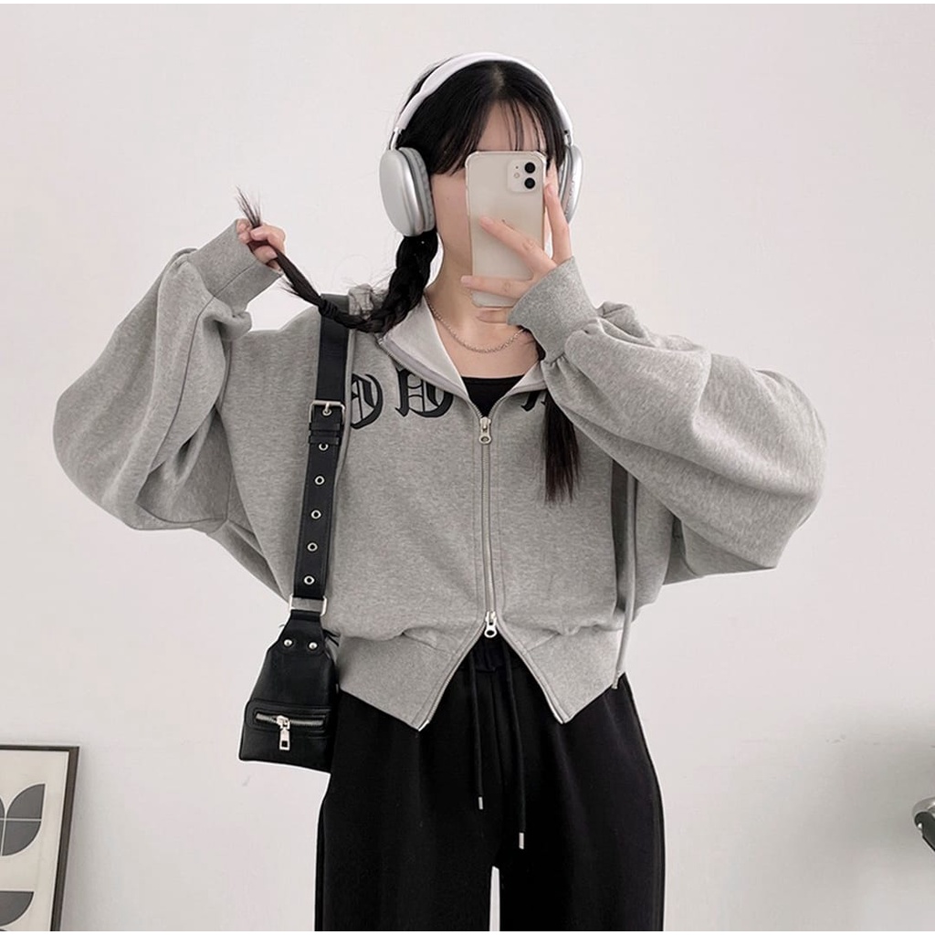 DOUBLE ZIPER HOODIE JAPANESE SEMI CROOPE - JAKET SEMI CROP WANITA KOREAN STYLE