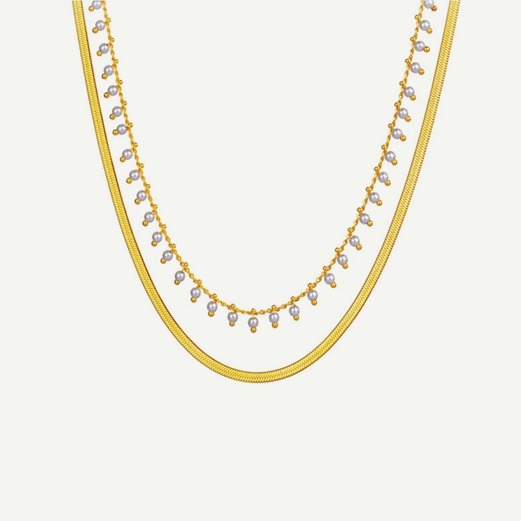 Pearl Drop Herringbone Necklace Set — Stainless Steel Kalung Mutiara Anti Karat