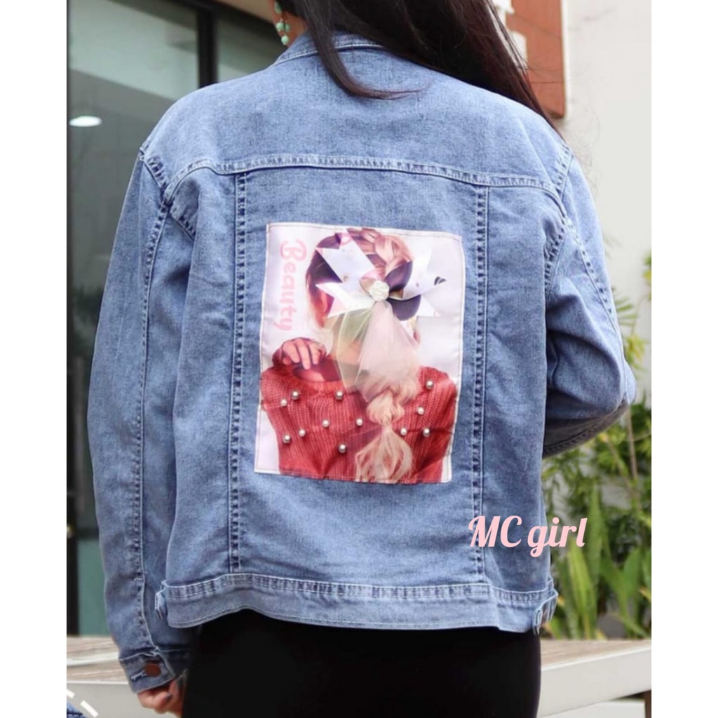 ( Bisa COD ) MC girl - Jaket Jeans Snow Gambar Pita Goyang Belakang / Jaket Lepis Gambar Pita 3D Wanita / Jacket Denim Gambar Pita Belakang