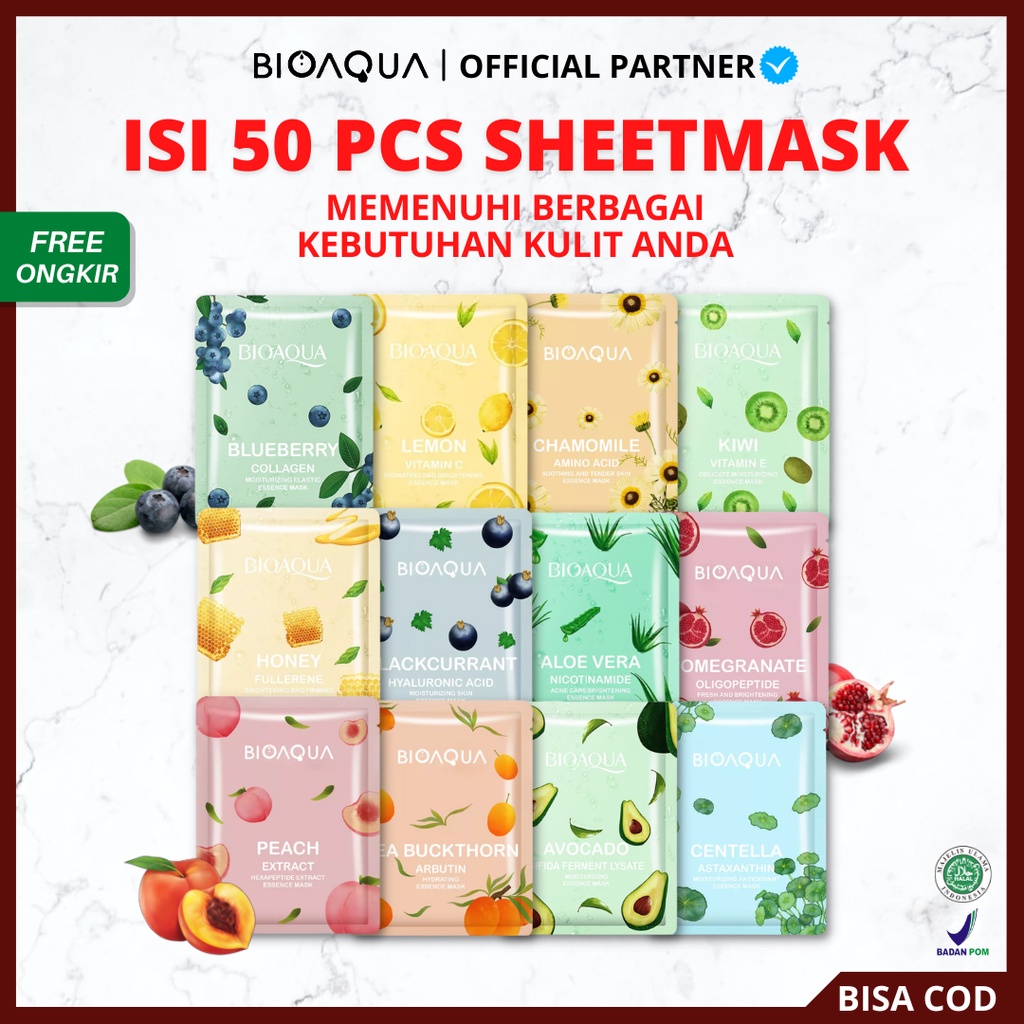 [ 50 PCS ] BIOAQUA Sheet Mask Hydrating Essence Face Mask Brightening Moisturizing Skin Care - Biaqua Masker Wajah