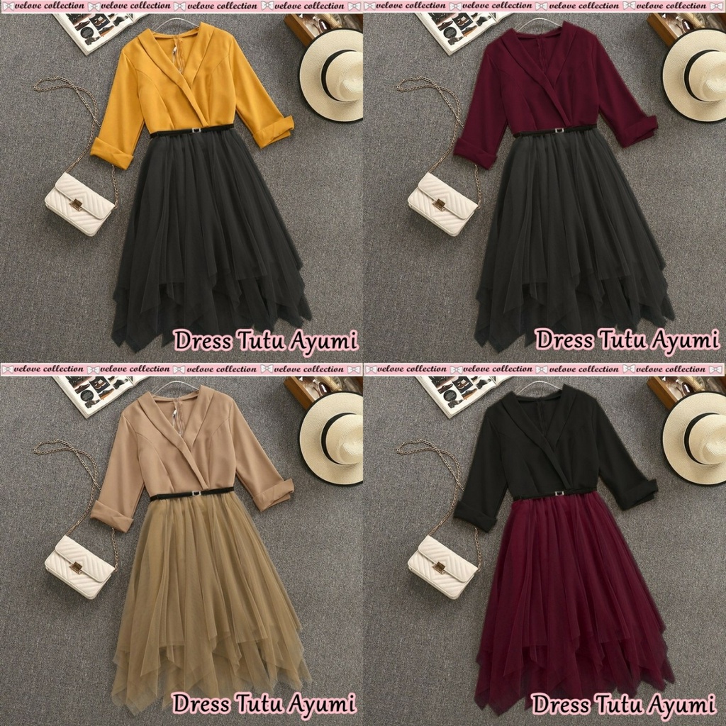 Real  FR25 Dress Tile + Belt 2in1 Yumi Cell 4Wrn | Dress Pesta Lengan Panjang