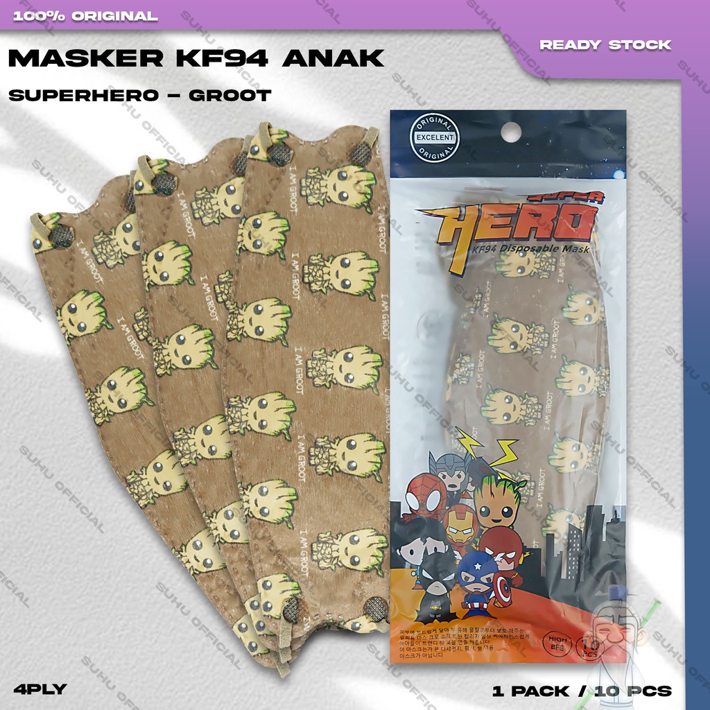 ❤️ SUHU ❤️ Masker Anak KF94 SUPERHERO 4Ply Isi 10Pcs Motif Kartun GROOT Lucu Earloop Surgical Mask Kemenkes