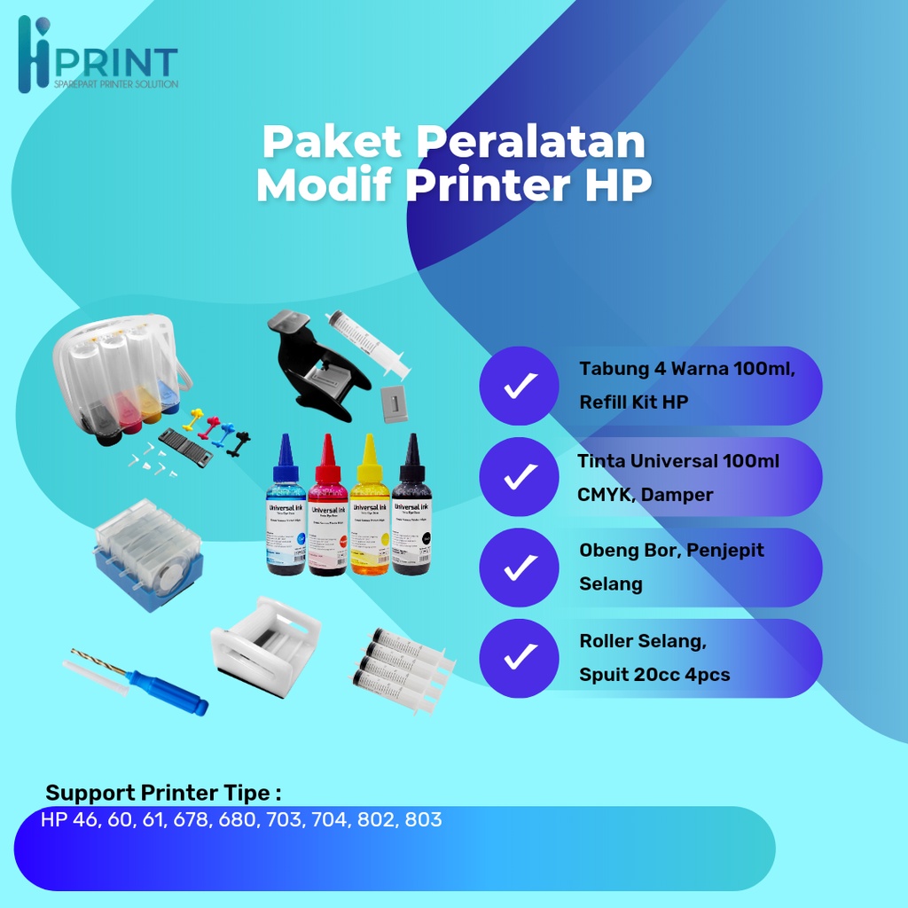 Paket Infus Lengkap Cartridge HP 802 680 678 803 703 704 46 60 61 Paket Lengkap Infus Printer HP
