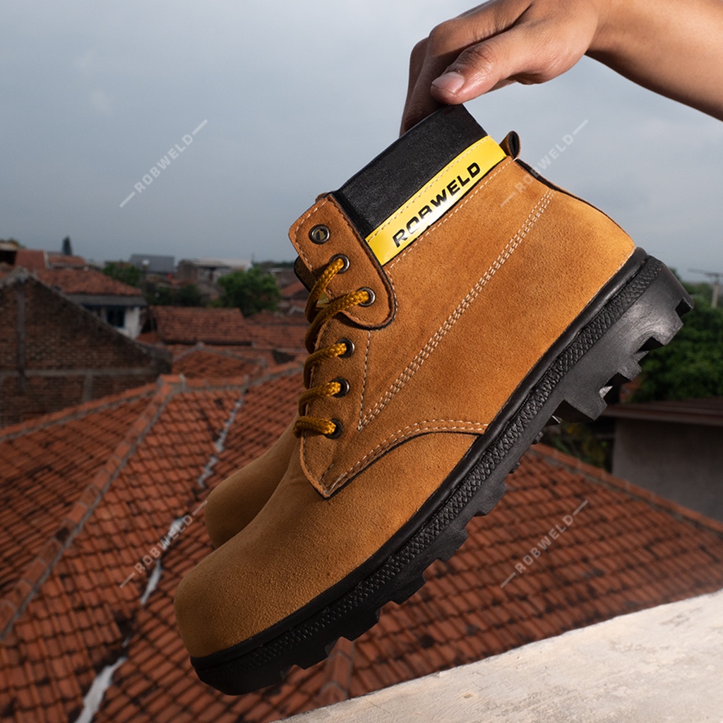 Sepatu Safety Pria Boots Ujung Besi Proyek Kerja Lapangan Robweld Warna Hitam - Tan - Cokelat